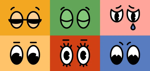 Cartoon Retro Character Comic Eyes Emotions Set Colored Backgrounds Vector — Stock Vector