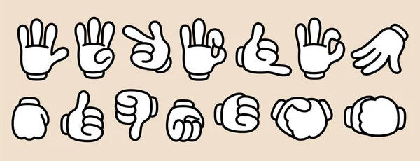 Retro Cartoon Hands Gloves Vintage Comic Gestures Hands Poses Animation — Stock Vector