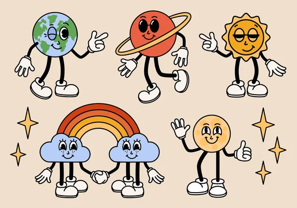 Zabawne Postacie Kreskówek Ziemia Słońce Księżyc Saturn Tęczowe Maskotki Elementy — Wektor stockowy