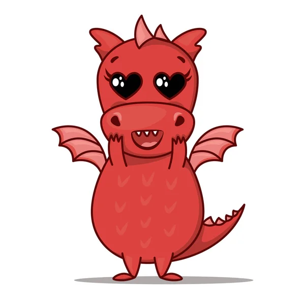 Dragón Personaje Dibujos Animados Lindo Dragón Rojo Con Ojos Corazón — Vector de stock