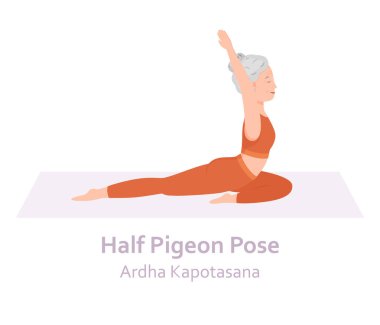 Yarı Güvercin Yogası pozu. Ardha Kapotasana. Yoga yapan yaşlı bir kadın. Sağlıklı bir yaşam tarzı. Düz çizgi film karakteri. Vektör illüstrasyonu
