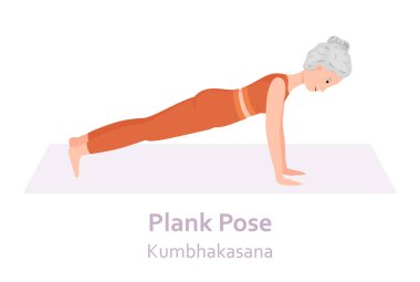 Plank Yoga pozu. Kumbhakasana. Yoga yapan yaşlı bir kadın. Sağlıklı bir yaşam tarzı. Düz çizgi film karakteri. Vektör illüstrasyonu