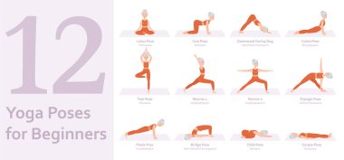 Yoga yeni başlayanlar için poz verir. Yoga yapan yaşlı bir kadın. Sağlıklı bir yaşam tarzı. Tam vücut yoga, fitness, aerobik ve egzersiz. Düz çizgi film karakteri. Vektör illüstrasyonu