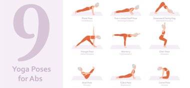 Yoga Abs için poz verir. Yoga yapan yaşlı bir kadın. Sağlıklı bir yaşam tarzı. Tam vücut yoga, fitness, aerobik ve egzersiz. Düz çizgi film karakteri. Vektör illüstrasyonu