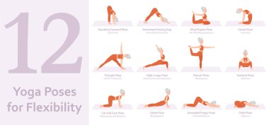 Yoga esneklik için poz verir. Yoga yapan yaşlı bir kadın. Sağlıklı bir yaşam tarzı. Tam vücut yoga, fitness, aerobik ve egzersiz. Düz çizgi film karakteri. Vektör illüstrasyonu