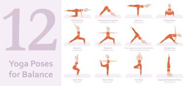 Yoga denge için poz verir. Yoga yapan yaşlı bir kadın. Sağlıklı bir yaşam tarzı. Tam vücut yoga, fitness, aerobik ve egzersiz. Düz çizgi film karakteri. Vektör illüstrasyonu