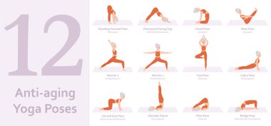 Yaşlanma karşıtı yoga pozları. Yoga yapan yaşlı bir kadın. Sağlıklı bir yaşam tarzı. Tam vücut yoga, fitness, aerobik ve egzersiz. Düz çizgi film karakteri. Vektör illüstrasyonu