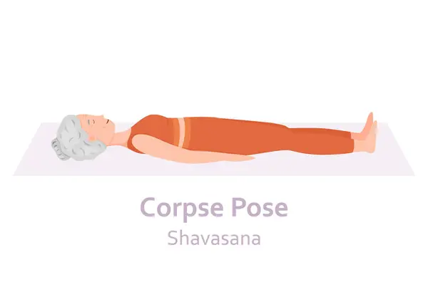 Ceset Yogası pozu. Shavasana. Yoga yapan yaşlı bir kadın. Sağlıklı bir yaşam tarzı. Düz çizgi film karakteri. Vektör illüstrasyonu