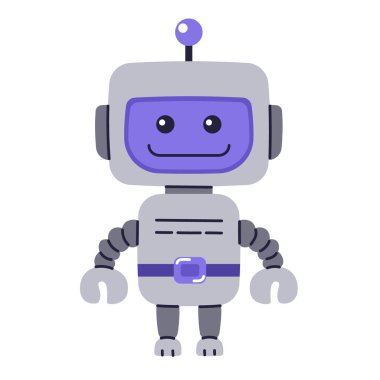 Şirin Robot karakteri. Chatbot, yapay zeka robot maskotu, dijital sayborg. Fütürist teknoloji servisi. İletişim yapay zekası. Vektör illüstrasyonu