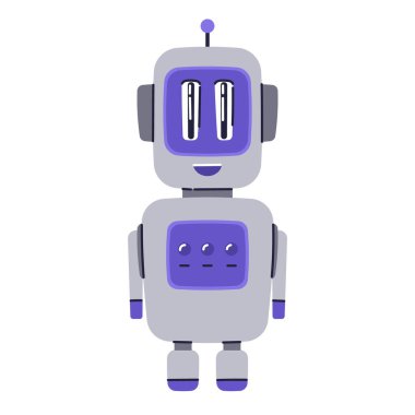 Şirin Robot karakteri. Chatbot, yapay zeka robot maskotu, dijital sayborg. Fütürist teknoloji servisi. İletişim yapay zekası. Vektör illüstrasyonu