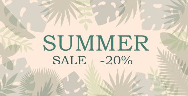 Tropik yapraklar arka planda. Çiçek ve yapraklı yaz indirimi afişi tasarımı. Canavar, muz ağacı, palmiye yaprakları, egzotik yapraklar. Soyut sanat. Vektör