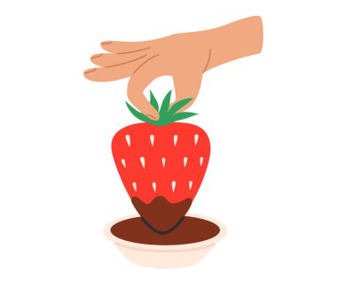 Çikolatalı fondü atıştırmalığında çilek. Düz Vektör illüstrasyonu izole edildi