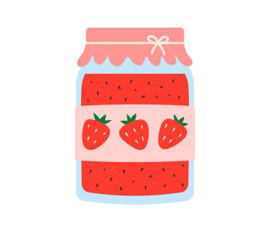 Çilek reçeli. Cam kavanoz korunmuş böğürtlen reçeli, şişede böğürtlen ziyafeti. Düz Vektör illüstrasyonu izole edildi