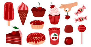 Çilekli yiyecek seti. Kiraz tadında yaz tatlıları ve tatlılar. Yaz Fuarı. Düz Vektör illüstrasyonu izole edildi