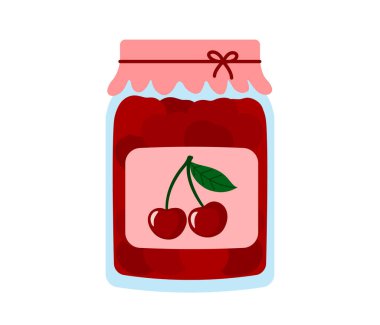 Çilek reçeli. Cam kavanoz korunmuş böğürtlen reçeli, şişede böğürtlen ziyafeti. Düz Vektör illüstrasyonu izole edildi