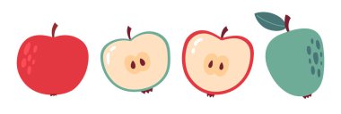 Elma takımı. Tam, yarı kırmızı ve yeşil sulu elmalar. Vejetaryen organik yiyecekler. Düz Vektör illüstrasyonu