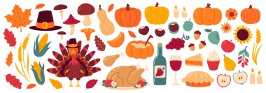 Şükran Günü elemanları. Sonbahar tatili, geleneksel yemek, hasat festivali, balkabağı, hindi ve turta, mısır, şarap, mum, hacı şapkası ve hasat. Düz Vektör illüstrasyonu izole edildi