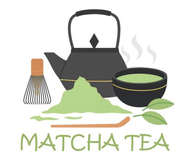 Kibrit çayı. Japon yeşil çay seremonisi, yemek aksesuarları, kibrit tozu, çaydanlık, bambu kaşığı ve çırpı. Düz Vektör illüstrasyonu izole edildi