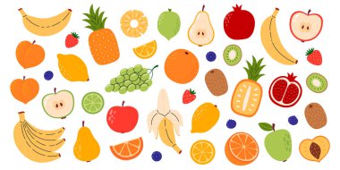 Farklı meyve ve böğürtlen seti. Organik vitamin ve sağlıklı besin toplama. Muz, ananas, mango, nar, kivi, kavun, şeftali, karpuz.