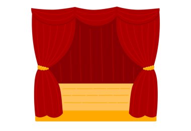 Kırmızı perdeli tiyatro sahnesi. Tiyatro Günü çıkartmaları. Düz Vektör illüstrasyonu