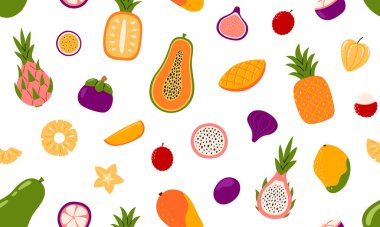 Egzotik meyveler kusursuz desen. Tropikal meyve ve böğürtlen tasarımı. Organik vitamin ve sağlıklı besin toplama. Düz Vektör