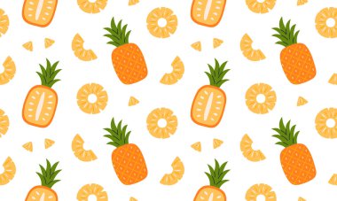 Ananaslı, pürüzsüz desen. Tropikal meyve arka plan tasarımı. Organik vitamin ve sağlıklı besin toplama. Düz Vektör
