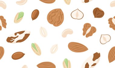 Çeşit çeşit fındık ve tohumlar kusursuz desen. Ceviz, badem, fındık, fıstık, fıstık, fıstık. Vejetaryen gıda malzemeleri. Vektör