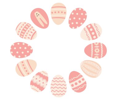 Paskalya çelengi. Paskalya yumurtalı paskalya çerçevesi. Paskalya bayramı kartı, afiş, poster, element, fotokopi alanı sınırı. Düz vektör illüstrasyonu