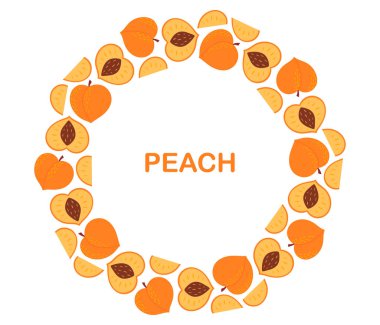 Şeftali çemberi çerçevesi. Mevsimlik meyve sınırında. Organik vitamin ve sağlıklı besin toplama. Düz Vektör illüstrasyonu