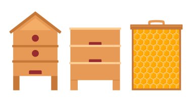 Tahta arı kovanları. Arı balı ve arı konsepti. Arıcılık ekipmanları. Arılar için evler. Vektör illüstrasyonu