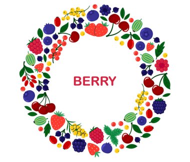 Böğürtlenler daire. Kiraz, siyah frenk üzümü, ahududu, bektaşi üzümü, yabanmersini, böğürtlen, çilek, böğürtlen, deniz karabatağı taze yaz mevsimi sulu böğürtlen sınırı Düz Vektör