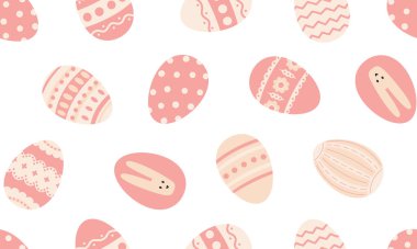 Paskalya yumurtasıyla kusursuz desen. Tekstil, duvar kağıdı, kumaş, nesnelerin tasarımı için paskalya arkaplan baskısı. Düz vektör illüstrasyonu