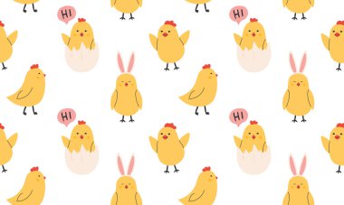 Paskalya piliçlerinde kusursuz desen. Paskalya geçmişi. Tekstil, duvar kâğıdı, kumaş, nesneler ve nesneler için bahar baskısı. Düz vektör illüstrasyonu