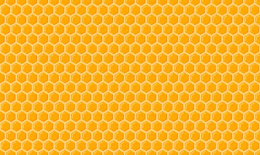 Ballı bal peteği, dikişsiz desen. Altıgen şebeke hücre arkaplanı. Apiary koleksiyonu. Balmumu. Vektör illüstrasyonu