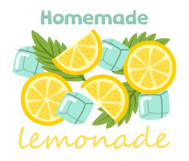 Limonata, limon dilimi, buz küpü, nane yaprağı. Ev yapımı limonata. Bar, restoran menüsü ya da etiket afişi. Tropik yaz kokteylleri. El çizimi vektör