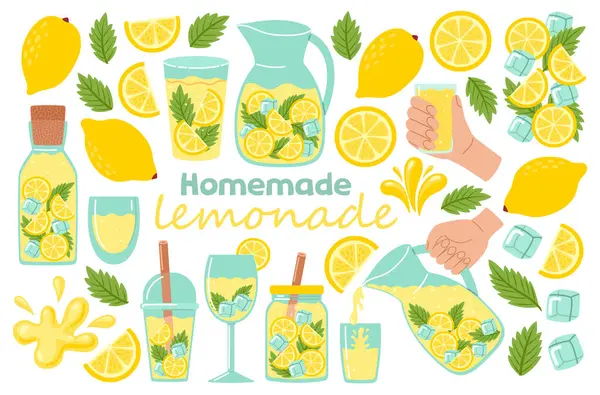 Limonata hazır. Bardakta, kavanozda, testide ve meyvelerde taze limon içecekleri. Tropik yaz nane kokteylleri hazır. El çizimi vektör çizimi izole edildi