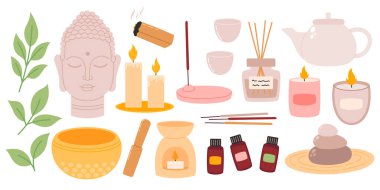 Yoga ve meditasyon unsurları ayarlandı. Eşyaların toplanması, gevşemek için ekipman tütsü çubukları, yağlar, çay, mum. Düz Vektör illüstrasyonu izole edildi