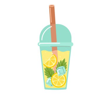 Limonata. Paket plastik bardakta taze limon suyu, pipet, sarı meyve suyu, buz küpü, nane yaprağı. Tropik yaz kokteyli. El çizimi vektör çizimi izole edildi