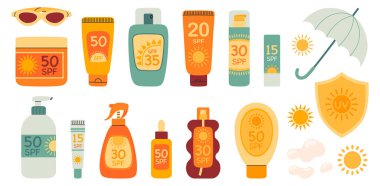 Güneş kremi seti. Deri için ultraviyole koruma. SPF koruması ve güneş güvenliği kavramı. SPF güneş kremi yaz losyonu, krem, sprey, ruj. El çizimi vektör illüstrasyonu