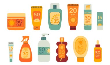 Güneş kremi seti. SPF koruması ve güneş güvenliği kavramı. SPF güneş kremi yaz losyonu, krem, sprey, ruj. El çizimi vektör çizimi izole edildi