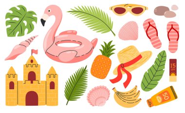 Plaj yaz ortamı. Tropik tatil. Seyahat, sahil, yaz aksesuarları. Flamingolar, kumdan kale, ananas, tropik yapraklar plaj aksesuarları.
