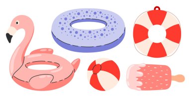 Şişirilebilir yüzme halkaları ayarlandı. Havuzda ya da denizde yaz tatili. Yüzme tüpü, flamingo, dondurma, top, can simidi. Tropik tatil. Su için plastik oyuncak. Plaj tatil köyü aktiviteleri Düz vektör