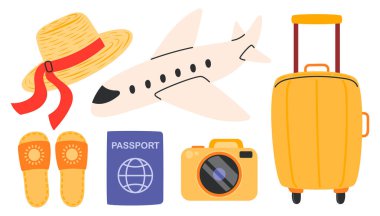 Yaz tatili çıkartmaları. Bavul, uçak, bavul, kamera. Uçuş, yolculuk, yolculuk ve deniz ikonlarına seyahat. El çizimi vektör çizimi izole edildi