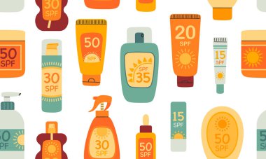 Güneş kremi ile kusursuz desen. SPF şişeleri, güneş koruması. Yaz losyonu, krem, sprey, ruj. Seyahat, sahil ya da cilt bakımı. El çizimi vektör illüstrasyonu