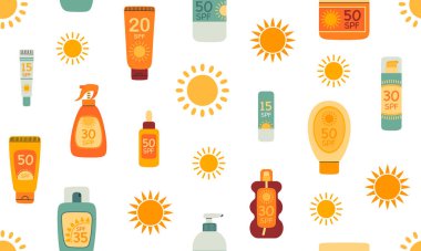 Güneş kremi sürmüş kusursuz desen. SPF şişeleri, güneş koruması. Güvenli bronzlaşma. Kozmetik ürünü. Güzellik endüstrisi. Seyahat, sahil ya da cilt bakımı