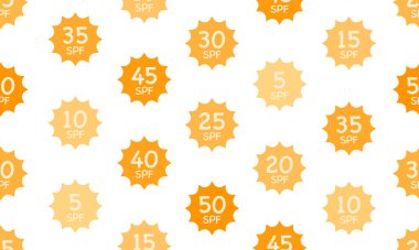 SPF güneş korumalı etiketler kusursuz desen. Ultraviyole ışınları. Güneş kremi ya da bronzlaştırıcı ürünler ve cilt estetiği. Güvenli bronzlaşma. Güzellik endüstrisi.
