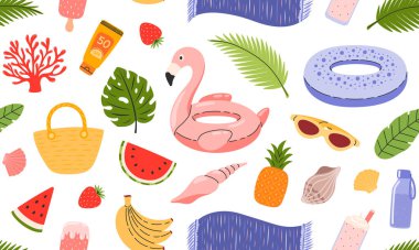 Güzel kumsal, pürüzsüz desen. Yaz pikniği geçmişi. Tropik tatil. Seyahat, sahil, yaz aksesuarları. El çizimi