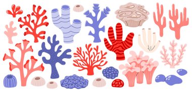 Mercan seti. Okyanus bitkileri, su altı bitkileri, yosun. Su bitkisi, yosun, tropikal mercan resifi elementleri düz vektör