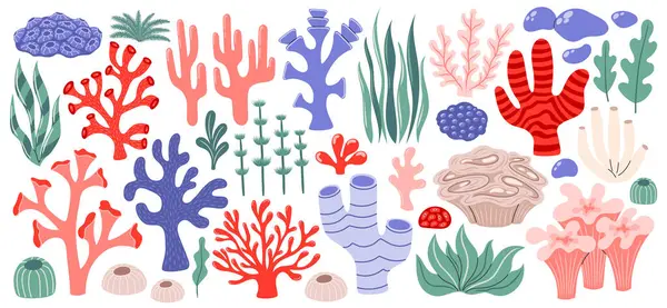 Mercan ve yosun seti. Okyanus bitkileri, su altı bitkileri, süngerler ve martılar. Su bitkisi, yosun, tropikal mercan resifi elementleri. Düz vektör illüstrasyonu