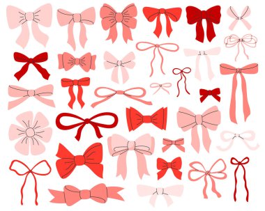 Şirin kırmızı ve pembe fiyonk takımı. Modaya uygun fiyonklar, hediye kurdeleleri. Hediye paketi için düğümler. Saç aksesuarı. El çizimi düz vektör çizimi